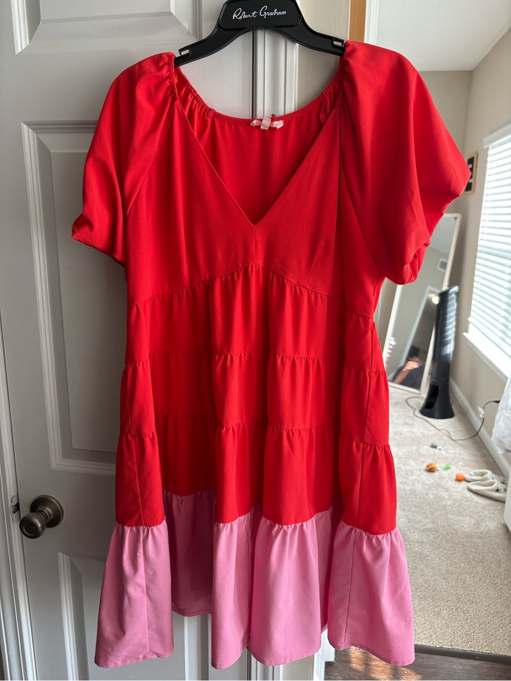 entro Red and Pink Tiered Short-Sleeve Kids Dress